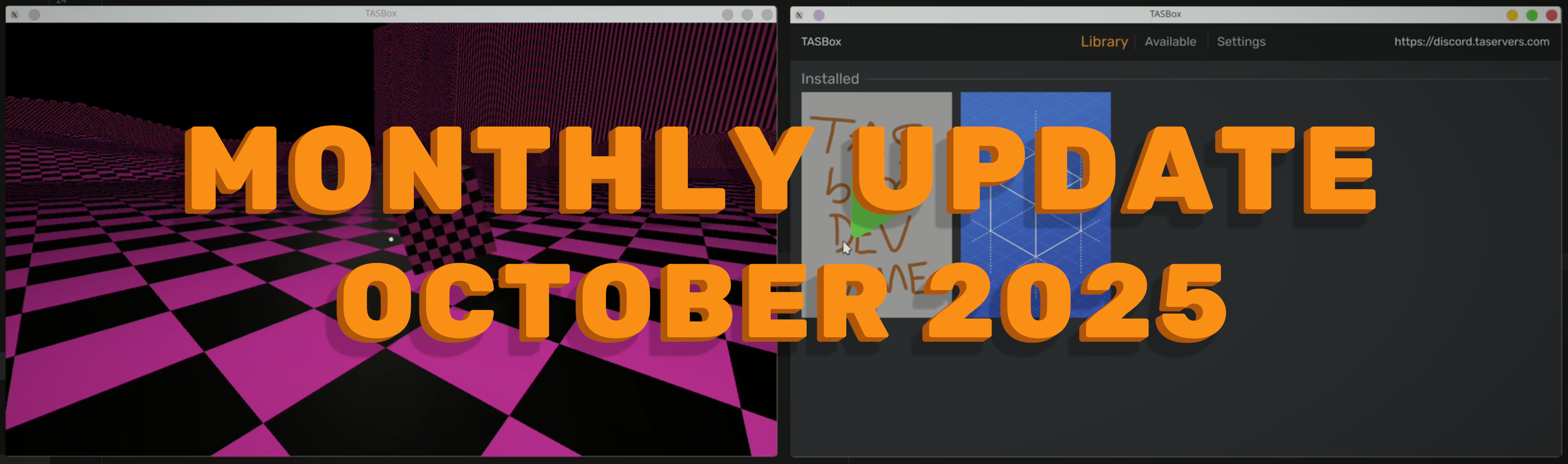Two windows of TASBox opened side-by-side, showing the same scene from two different angles. The text "Monthly Update October 2025" is overlaid